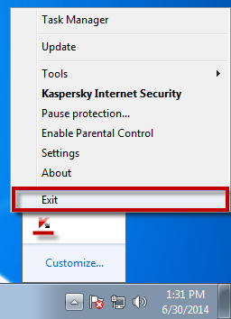 Close the application: in the Taskbar notification area, right-click the Kaspersky Internet Security 2015 icon and select Exit