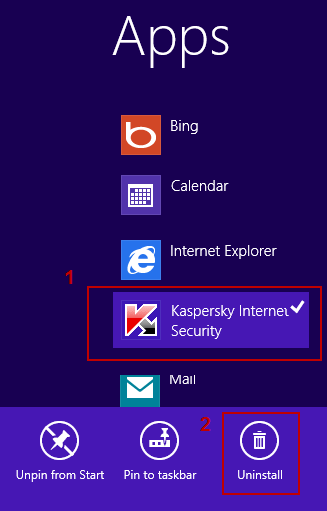 Select Kaspersky Internet Security on the Apps screen and click Uninstall
