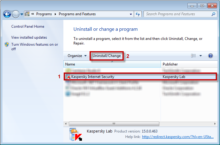 To remove Kaspersky Internet Security 2015 from the program list, select the product and click Uninstall/Change