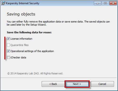 Select check boxes of the types of data you want to retain when removing Kaspersky Internet Security 2015